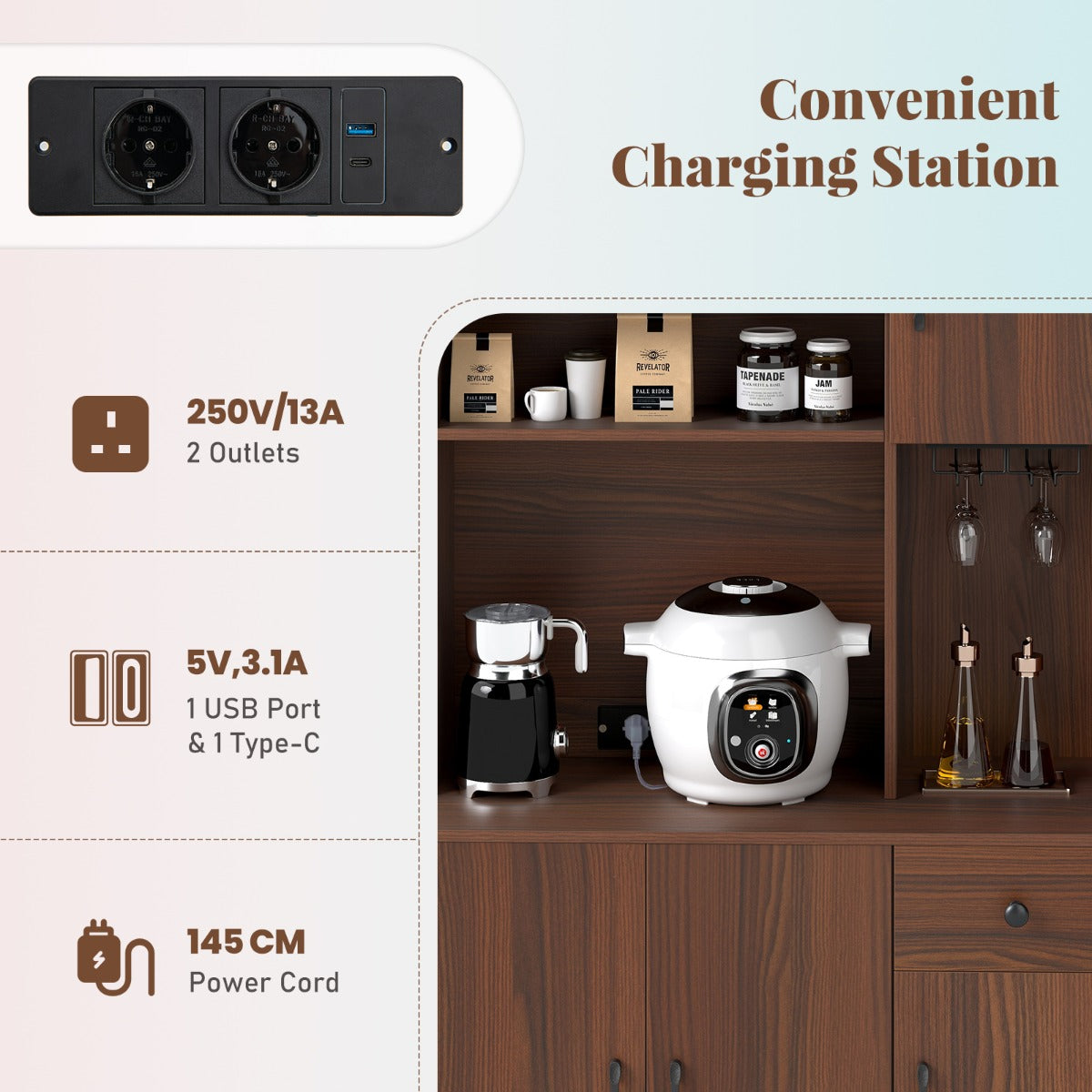 LIVSK Buffetkast met Verstelbare Planken - Neerklapbare Kast - Oplaadstation met USB - Anti-kantelsets - 90 x 39 x 167 cm - Bruin