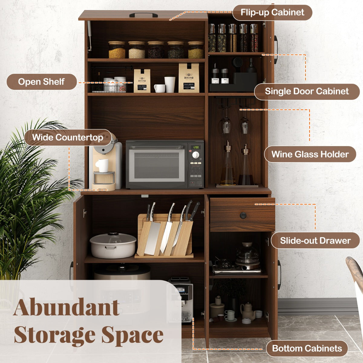 LIVSK Buffetkast met Verstelbare Planken - Neerklapbare Kast - Oplaadstation met USB - Anti-kantelsets - 90 x 39 x 167 cm - Bruin