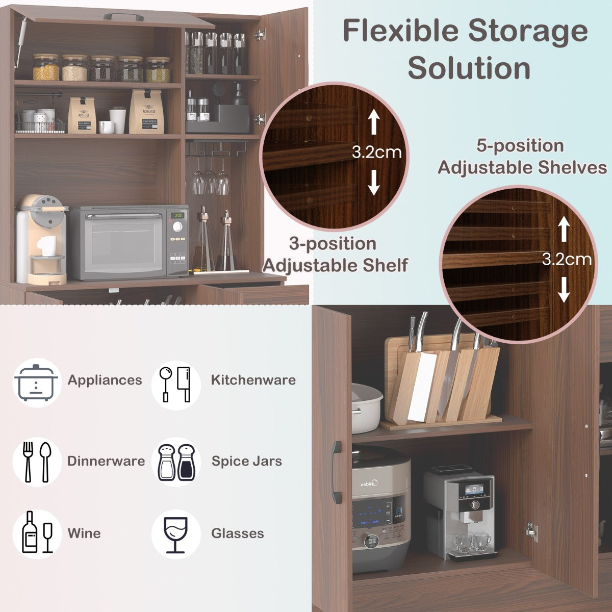 LIVSK Buffetkast met Verstelbare Planken - Neerklapbare Kast - Oplaadstation met USB - Anti-kantelsets - 90 x 39 x 167 cm - Bruin