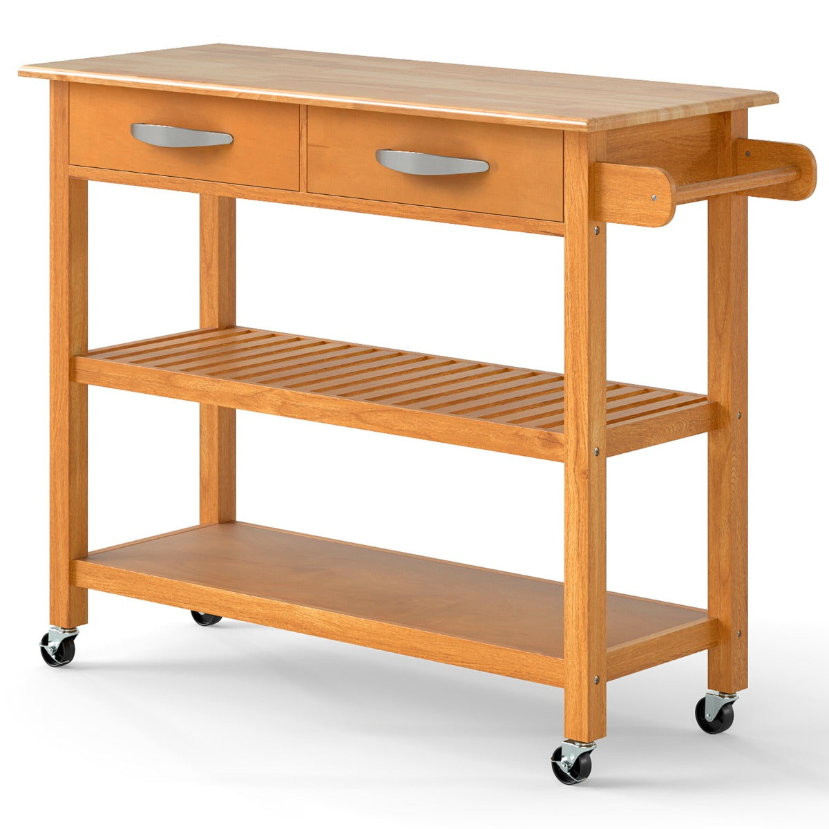 LIVSK Keukentrolley - Houten Werkblad 106 cm - 2 Lades - 2 Open Planken - Mobiel met 4 Wielen - Duurzaam Rubberhout - Natuur
