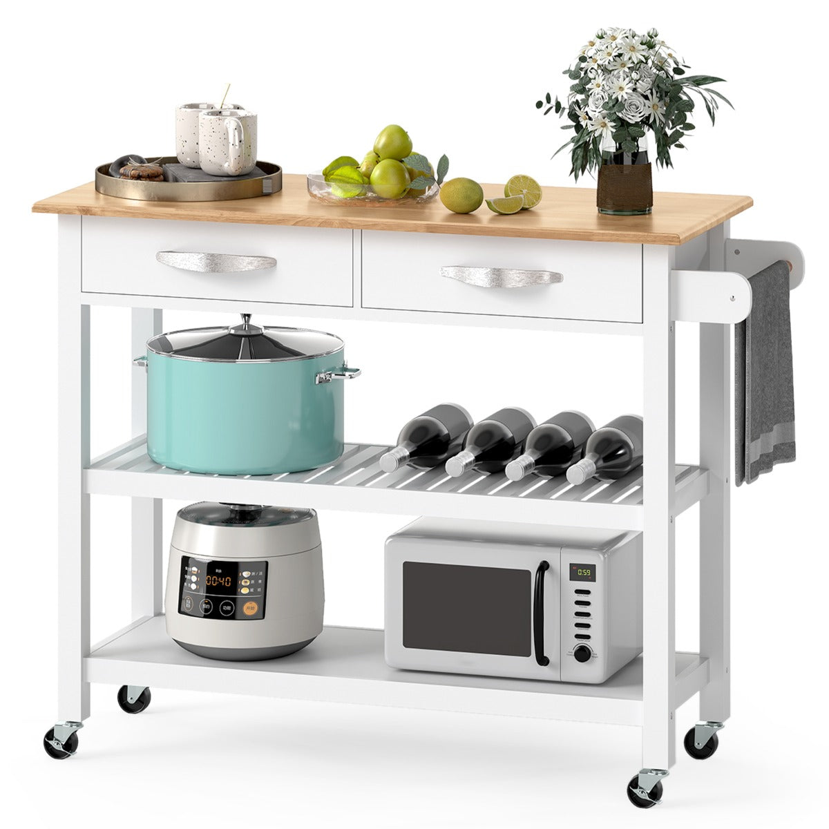 LIVSK Houten Keukentrolley - Ruim Werkblad 106 x 43 cm - 2 Lades - 2 Open Planken - Mobiel met Wielen - Wit