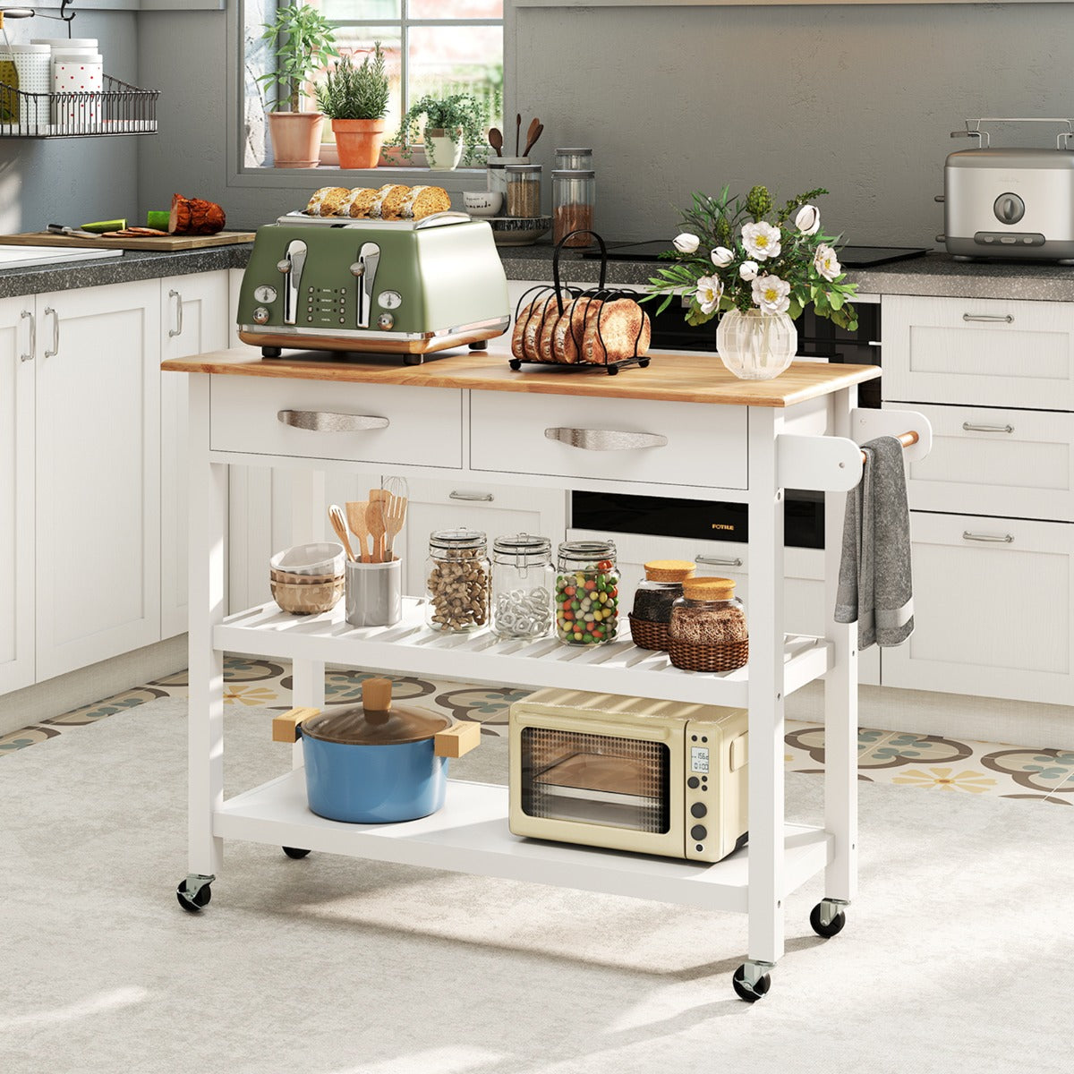 LIVSK Houten Keukentrolley - Ruim Werkblad 106 x 43 cm - 2 Lades - 2 Open Planken - Mobiel met Wielen - Wit