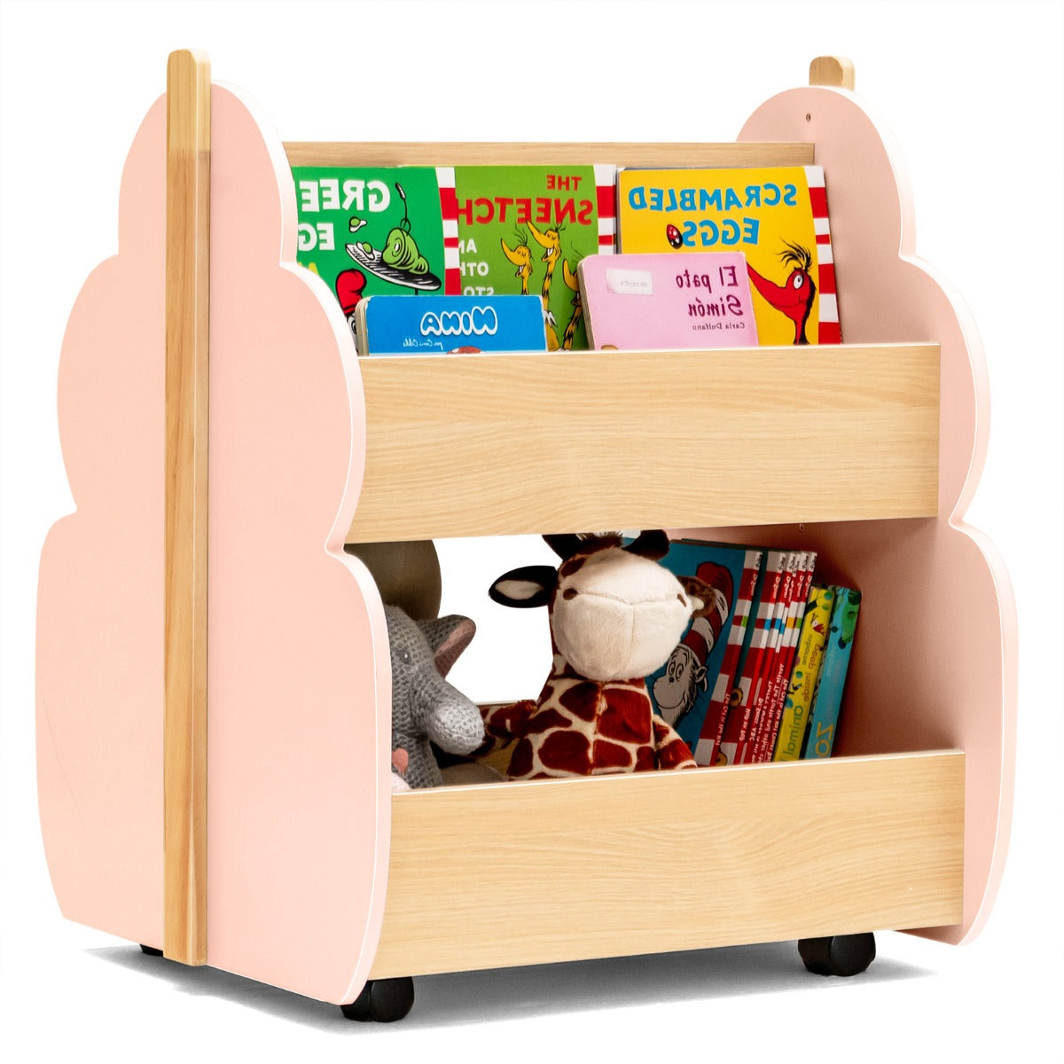 Livsk costway houten kinderboekenkast met universele wielen 2 niveaus speelgoedrek op wieltjes roze