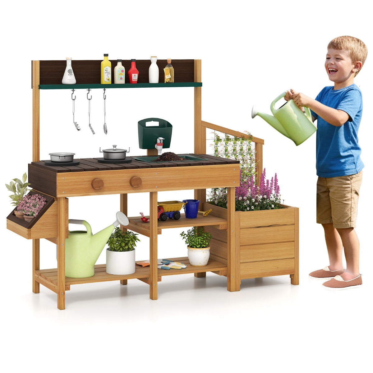 LIVSK Kindermodderkeuken voor Buiten - 2 Kookplaten - Uittrekbare Spoelbak - Plantenbak & Klimrek - Veilig Sparrenhout - Naturel