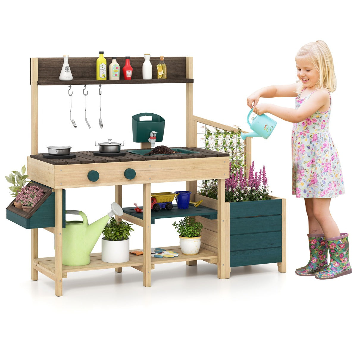 LIVSK Kinderspeelkeuken voor Buiten - 2 Kookplaten - Uittrekbare Spoelbak - Plantenbak - Opbergruimte - 115 x 34,5 x 92 cm -