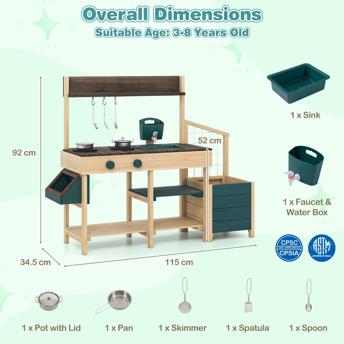 LIVSK Kinderspeelkeuken voor Buiten - 2 Kookplaten - Uittrekbare Spoelbak - Plantenbak - Opbergruimte - 115 x 34,5 x 92 cm -