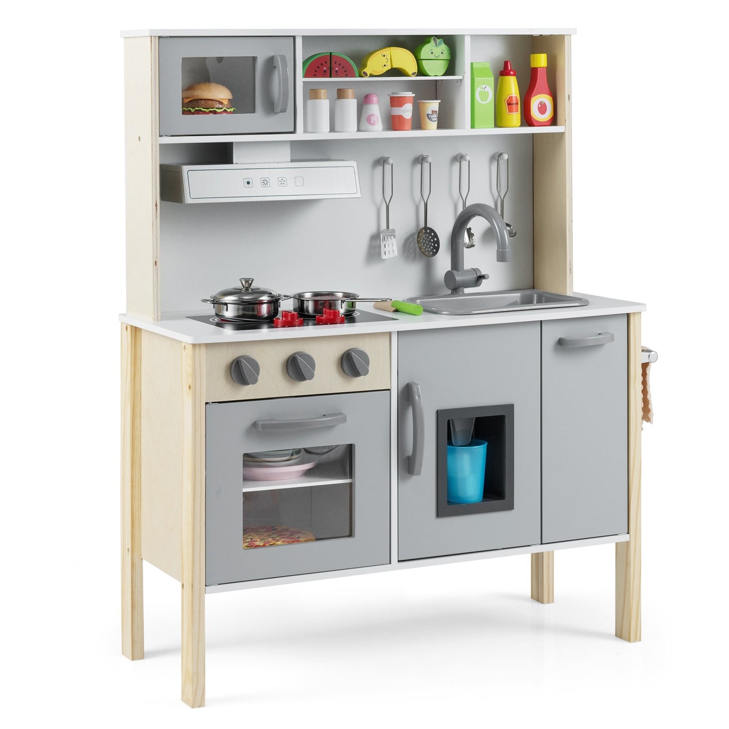 LIVSK Houten Speelkeuken - 18 Accessoires - Magnetron, Gootsteen, Afzuigkap - Educatief voor 3-6 jaar - Grijs