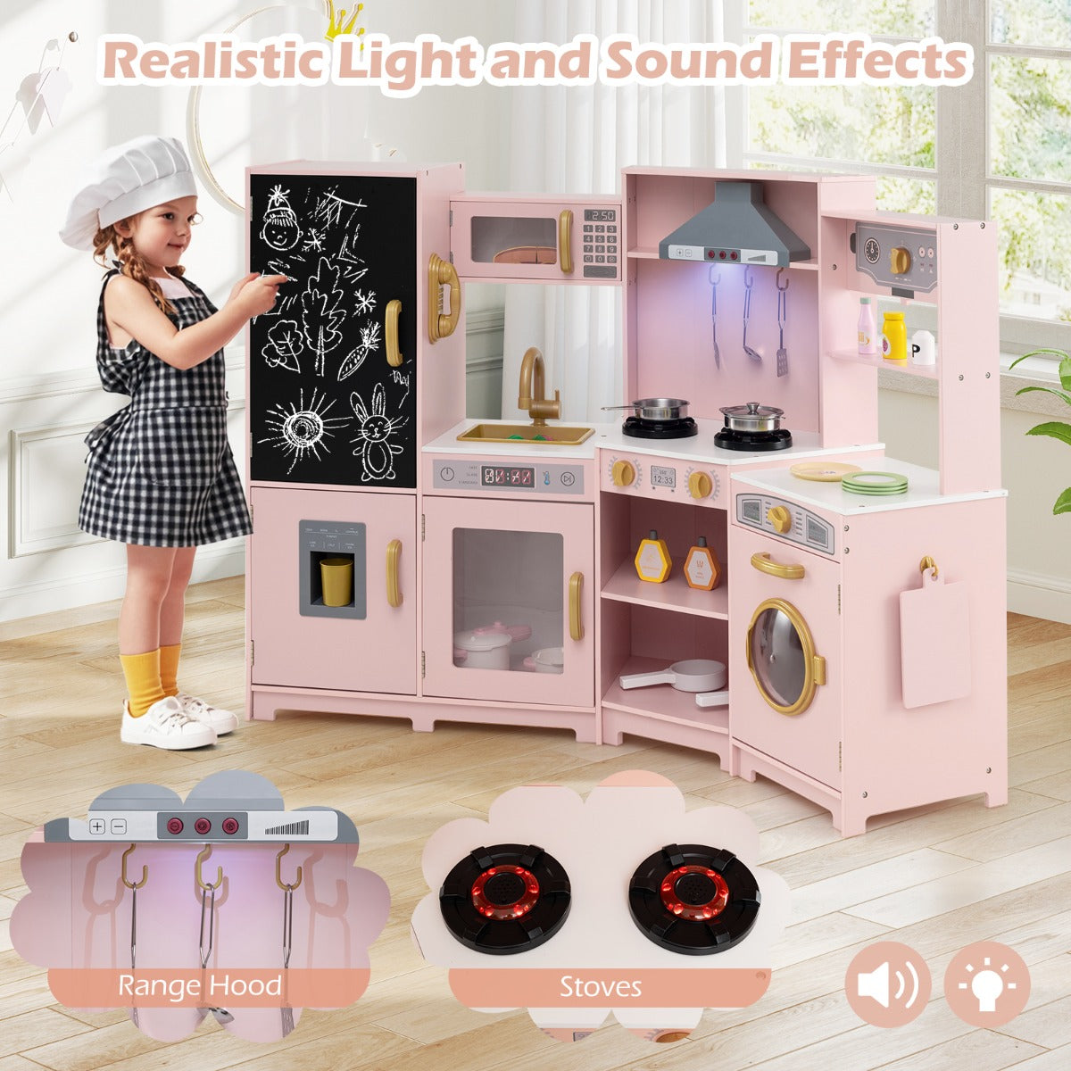 LIVSK Hoek-Speelkeuken - Ruimtebesparend Ontwerp - Interactieve Lichten en Geluiden - Inclusief Keukenaccessoires - Roze