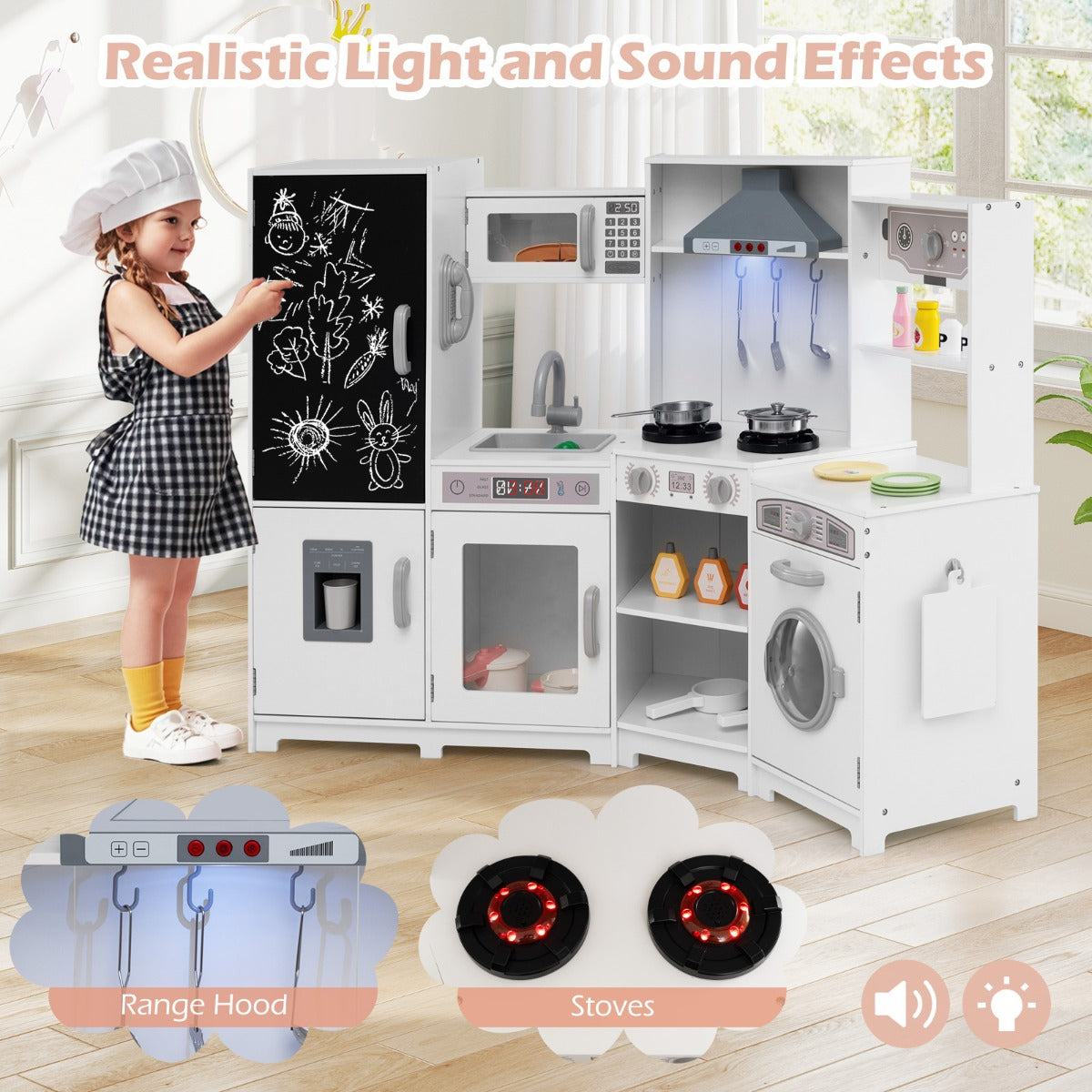 LIVSK Houten Hoek Speelkeuken Set - Ruimtebesparend - Interactieve Lichten en Geluiden - Inclusief Accessoires - Wit