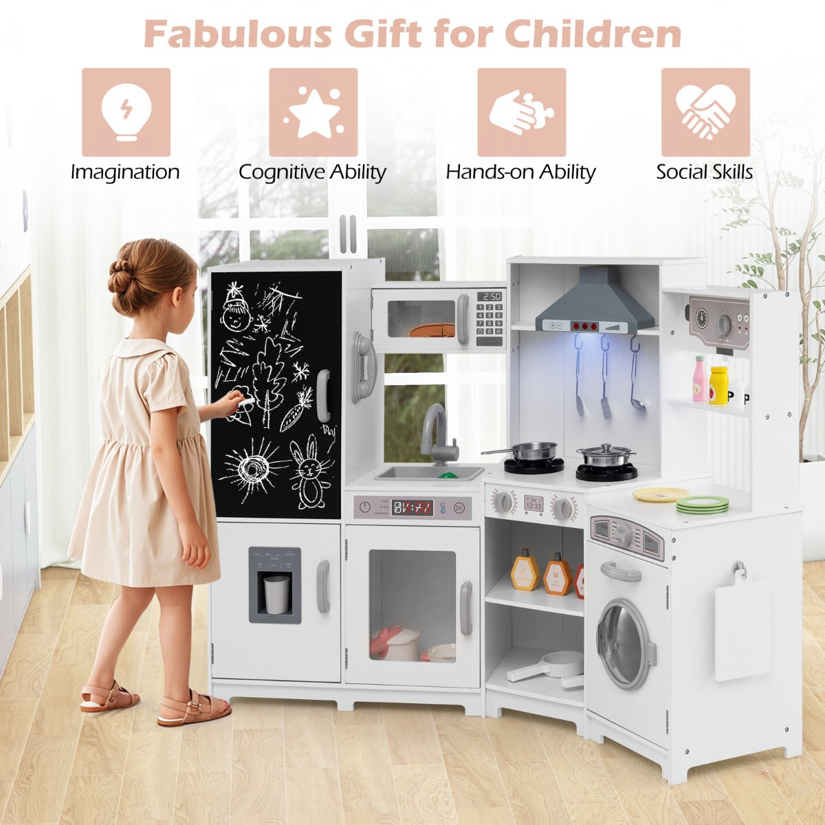 LIVSK Houten Hoek Speelkeuken Set - Ruimtebesparend - Interactieve Lichten en Geluiden - Inclusief Accessoires - Wit