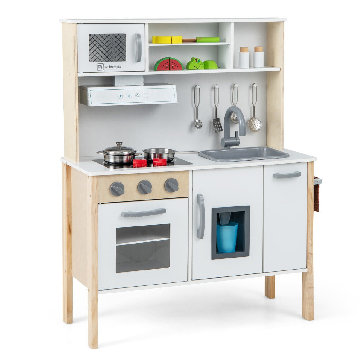 LIVSK Fantasiespeelkeuken - Magnetron, Afzuigkap, Kookplaat, IJsblokjesmachine - Inclusief 18 Accessoires - Wit
