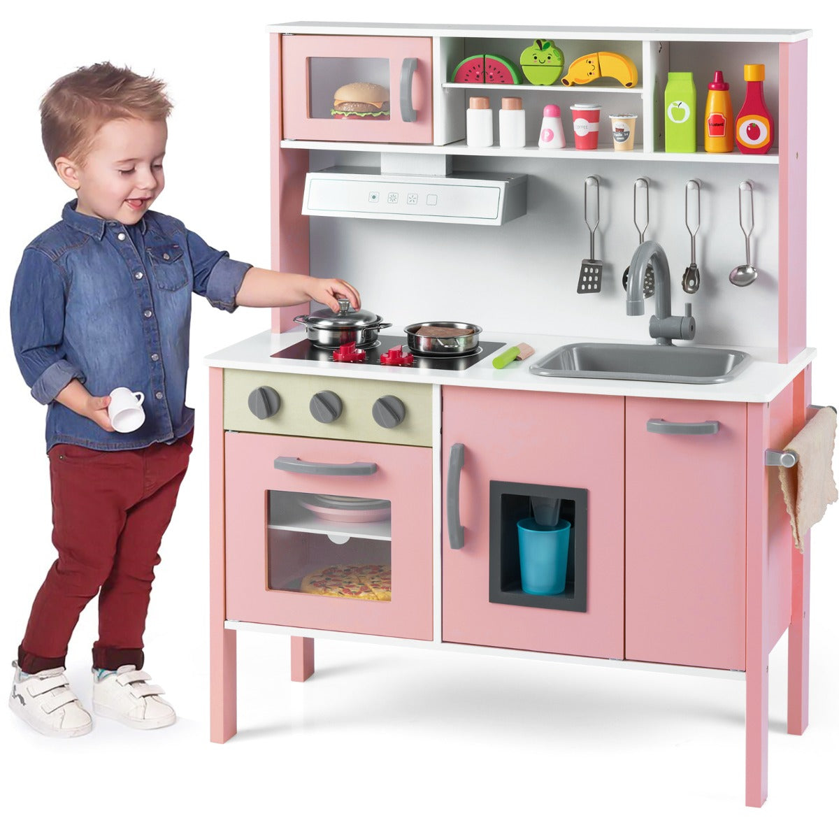 Livsk costway houten kinderkeuken speelkeuken met magnetron afzuigkap kookplaat speelgootsteen oven ijsblokjesmachine en 18 accessoires rozewit 1 1
