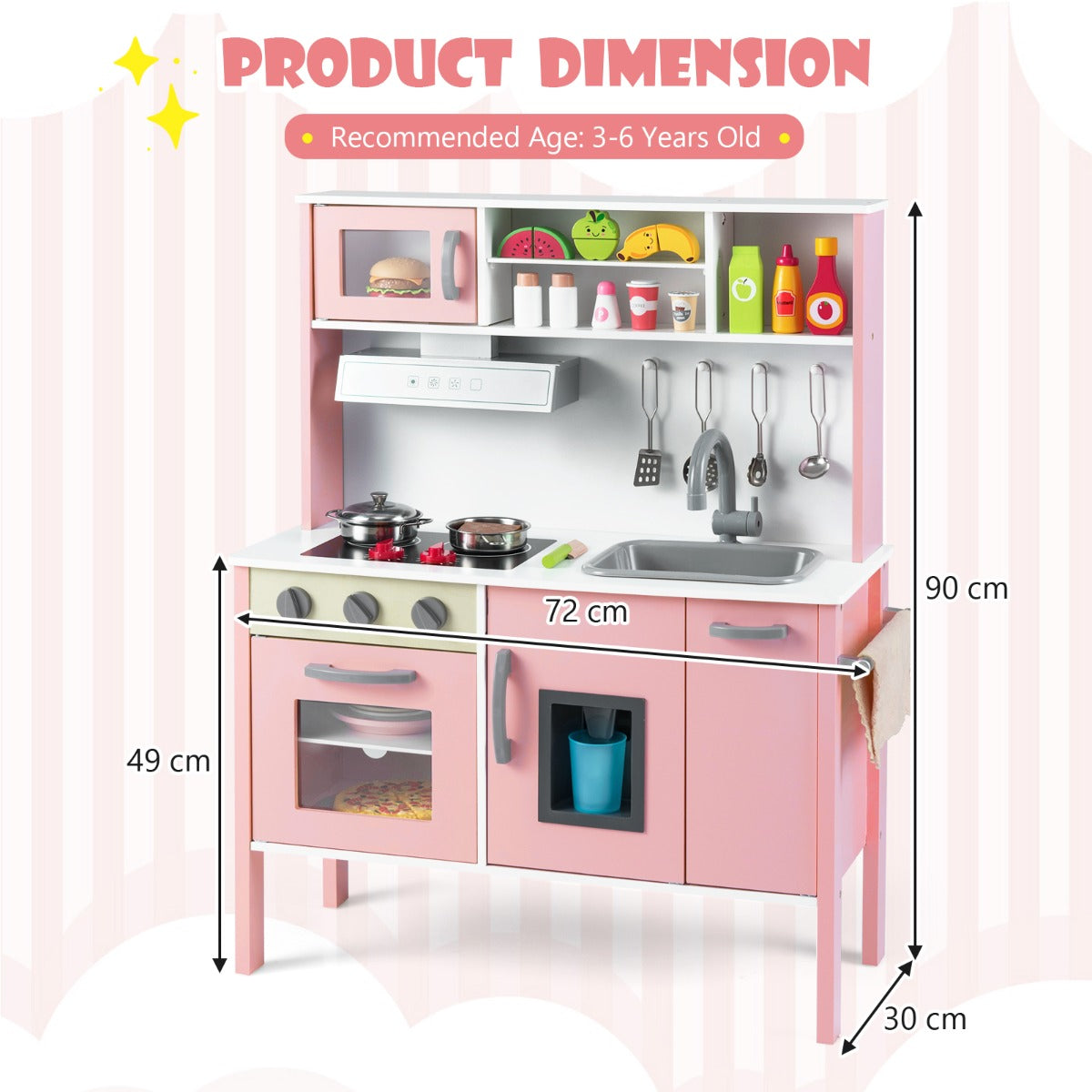 Livsk costway houten kinderkeuken speelkeuken met magnetron afzuigkap kookplaat speelgootsteen oven ijsblokjesmachine en 18 accessoires rozewit 4