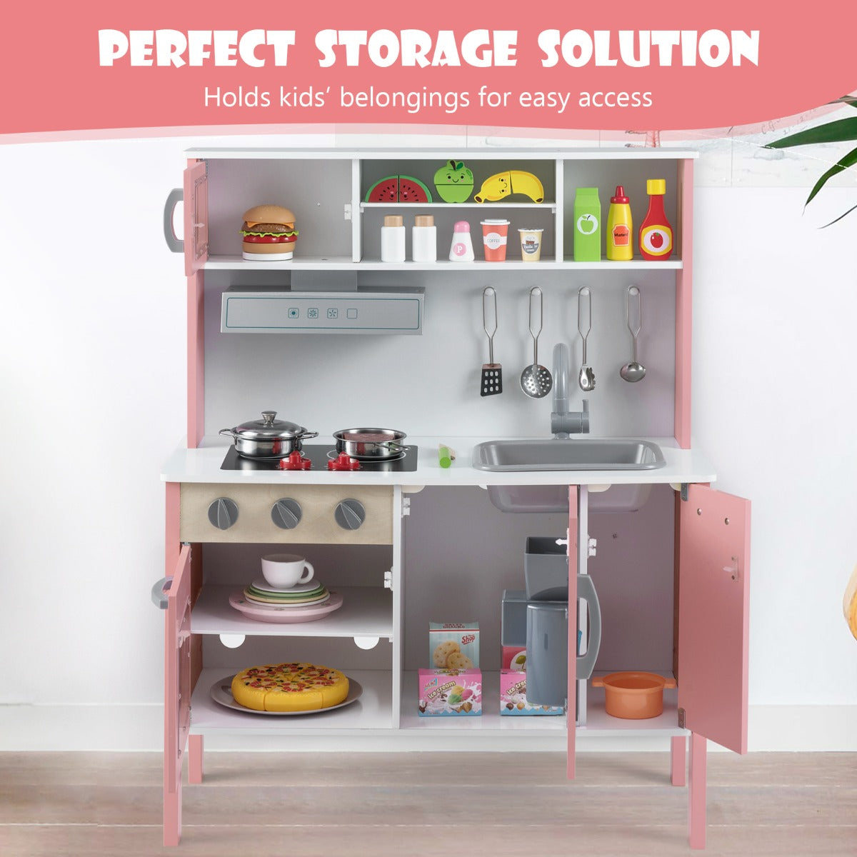 Livsk costway houten kinderkeuken speelkeuken met magnetron afzuigkap kookplaat speelgootsteen oven ijsblokjesmachine en 18 accessoires rozewit 5