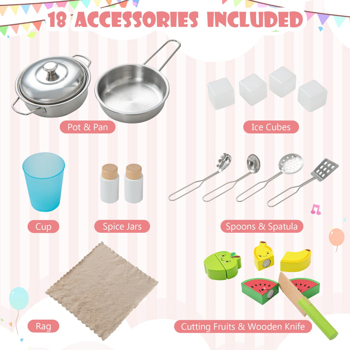 Livsk costway houten kinderkeuken speelkeuken met magnetron afzuigkap kookplaat speelgootsteen oven ijsblokjesmachine en 18 accessoires rozewit 6