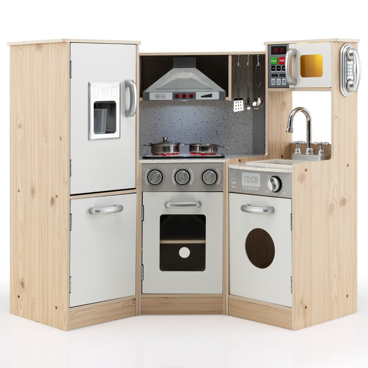 LIVSK Houten Kinderhoekkeukenset - 9-in-1 met Geluid & Licht - Inclusief Keukengerei - Veilig MDF - 105 x 49 x 85 cm - Wit +