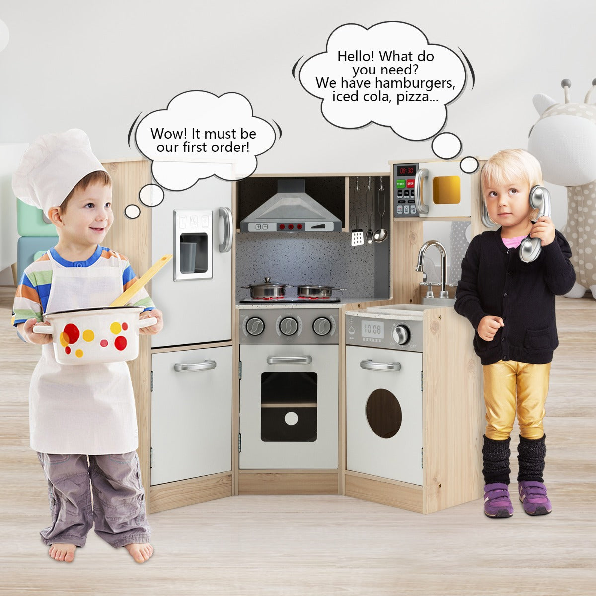 LIVSK Houten Kinderhoekkeukenset - 9-in-1 met Geluid & Licht - Inclusief Keukengerei - Veilig MDF - 105 x 49 x 85 cm - Wit +