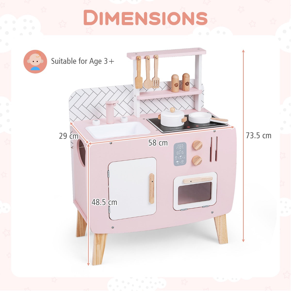 Livsk costway houten kinderkookset keukenspeelset met fornuis spoelbak kraan en oven chef koksetset voor rollenspel met kookgerei opbergkast en planken 2