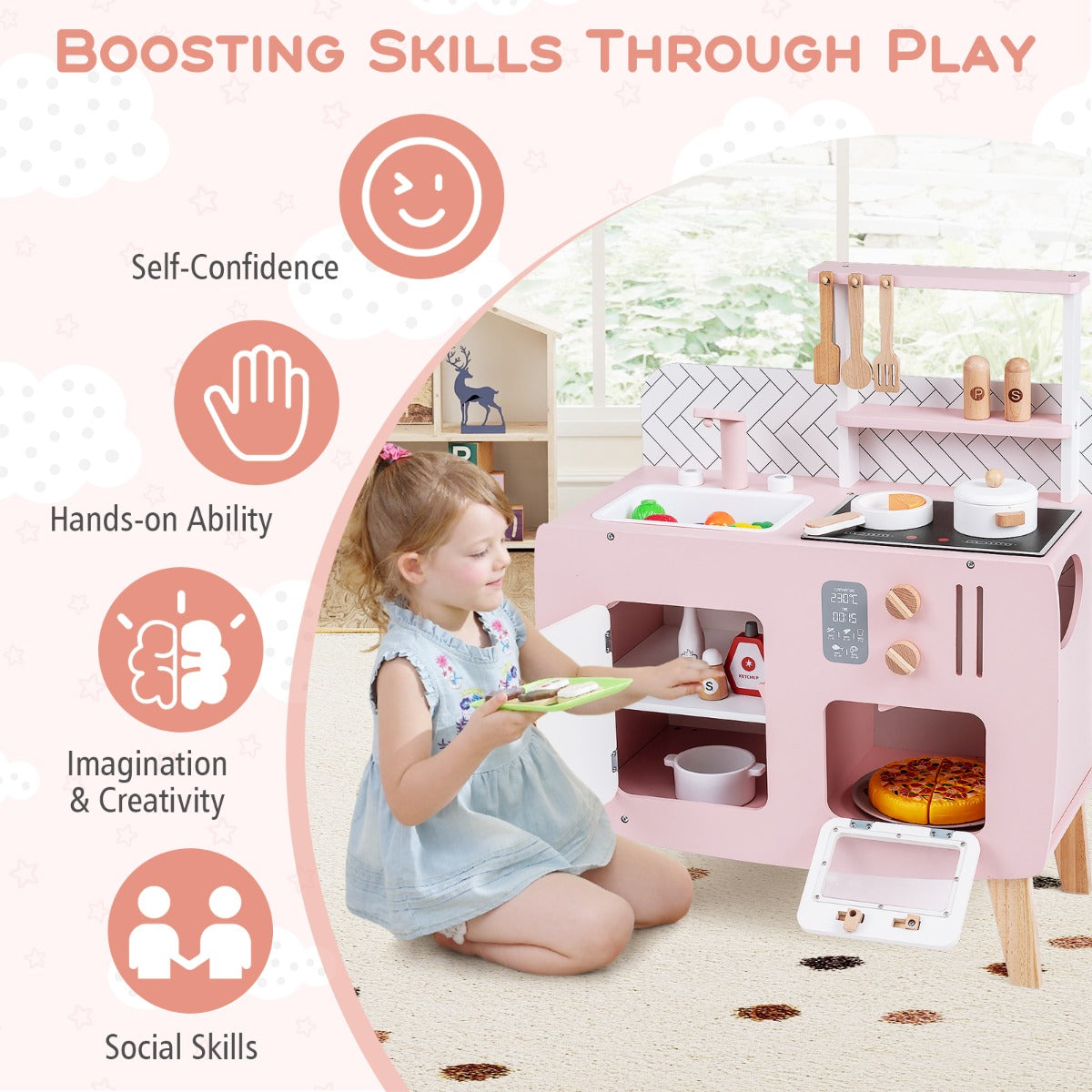 Livsk costway houten kinderkookset keukenspeelset met fornuis spoelbak kraan en oven chef koksetset voor rollenspel met kookgerei opbergkast en planken 3