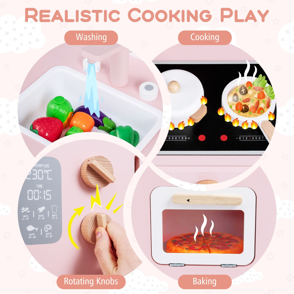 Livsk costway houten kinderkookset keukenspeelset met fornuis spoelbak kraan en oven chef koksetset voor rollenspel met kookgerei opbergkast en planken 4