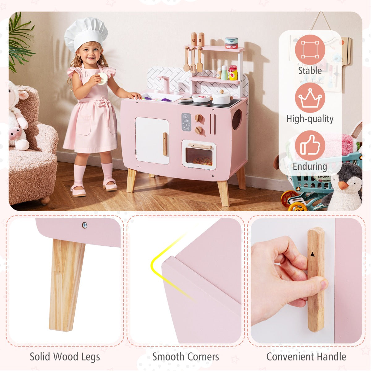 Livsk costway houten kinderkookset keukenspeelset met fornuis spoelbak kraan en oven chef koksetset voor rollenspel met kookgerei opbergkast en planken 6