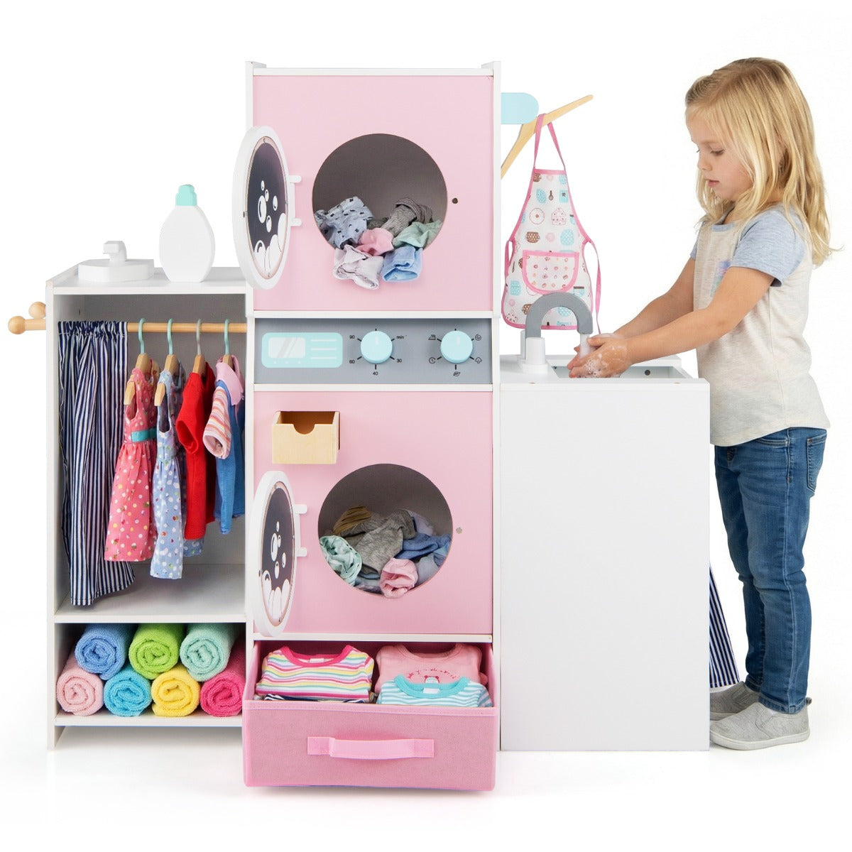 Livsk costway houten kinderspeelgoed wasset speelgoedwasmachine met wasmiddelfles strijkijzer kleerhangers en stoffen lade 1