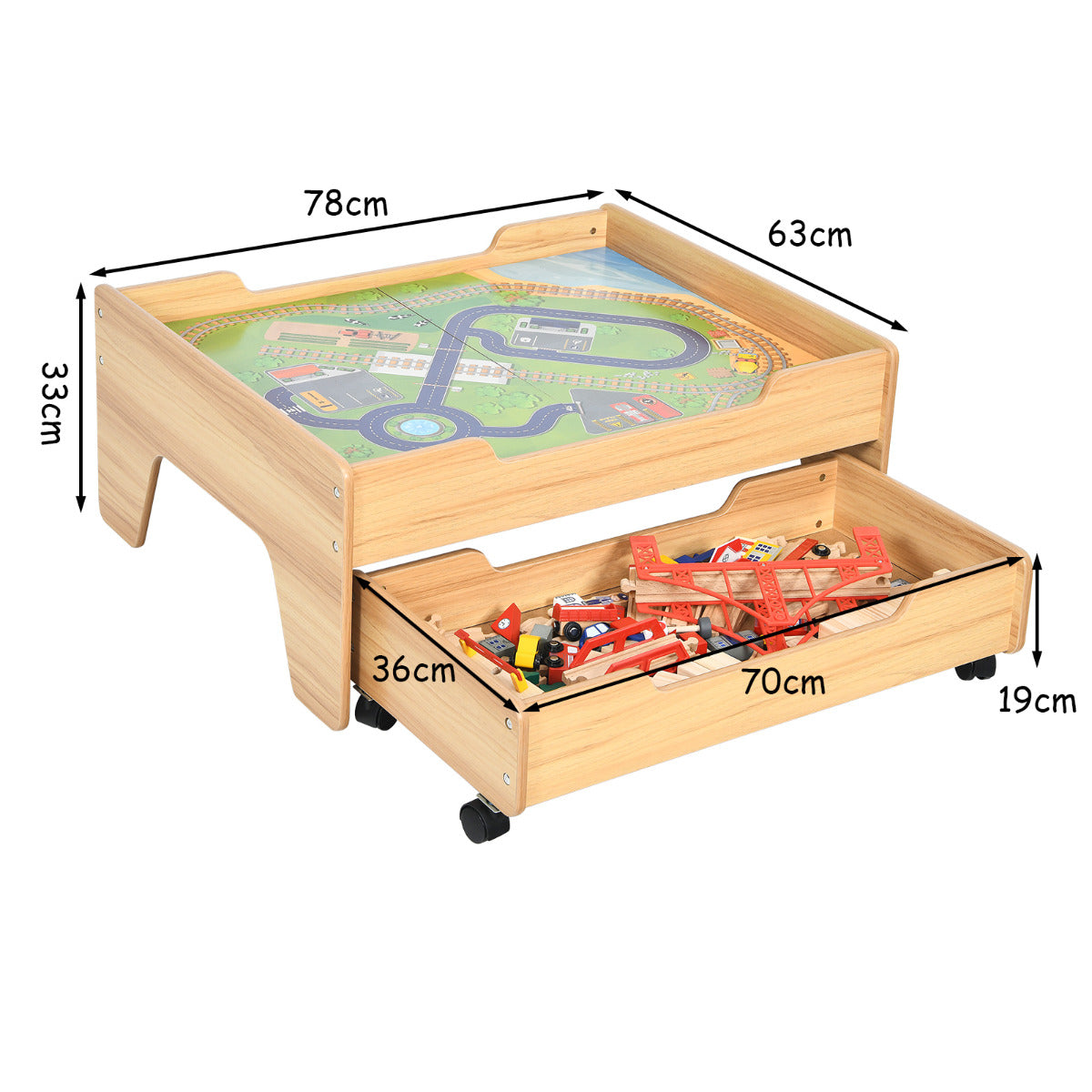 LIVSK Houten Treinset Tafel - 100 Kleurrijke Accessoires - Handige Opberglade - Duurzaam en Veilig - 78 x 63 x 33 cm - Natuurlijk