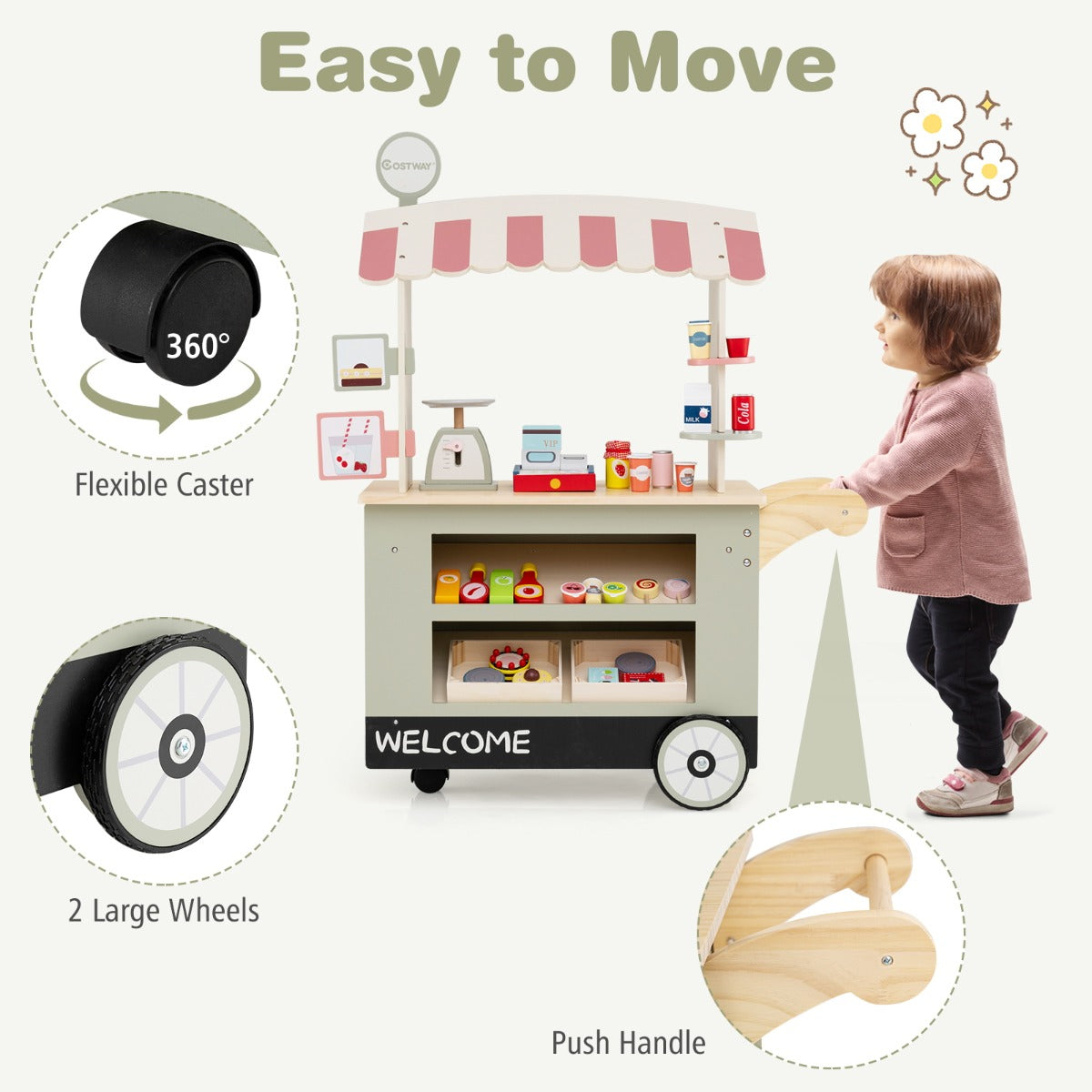 Livsk costway houten kinderwagen op 3 wielen met kassa foodtruck voor kinderen vanaf 3 jaar groen groen 4