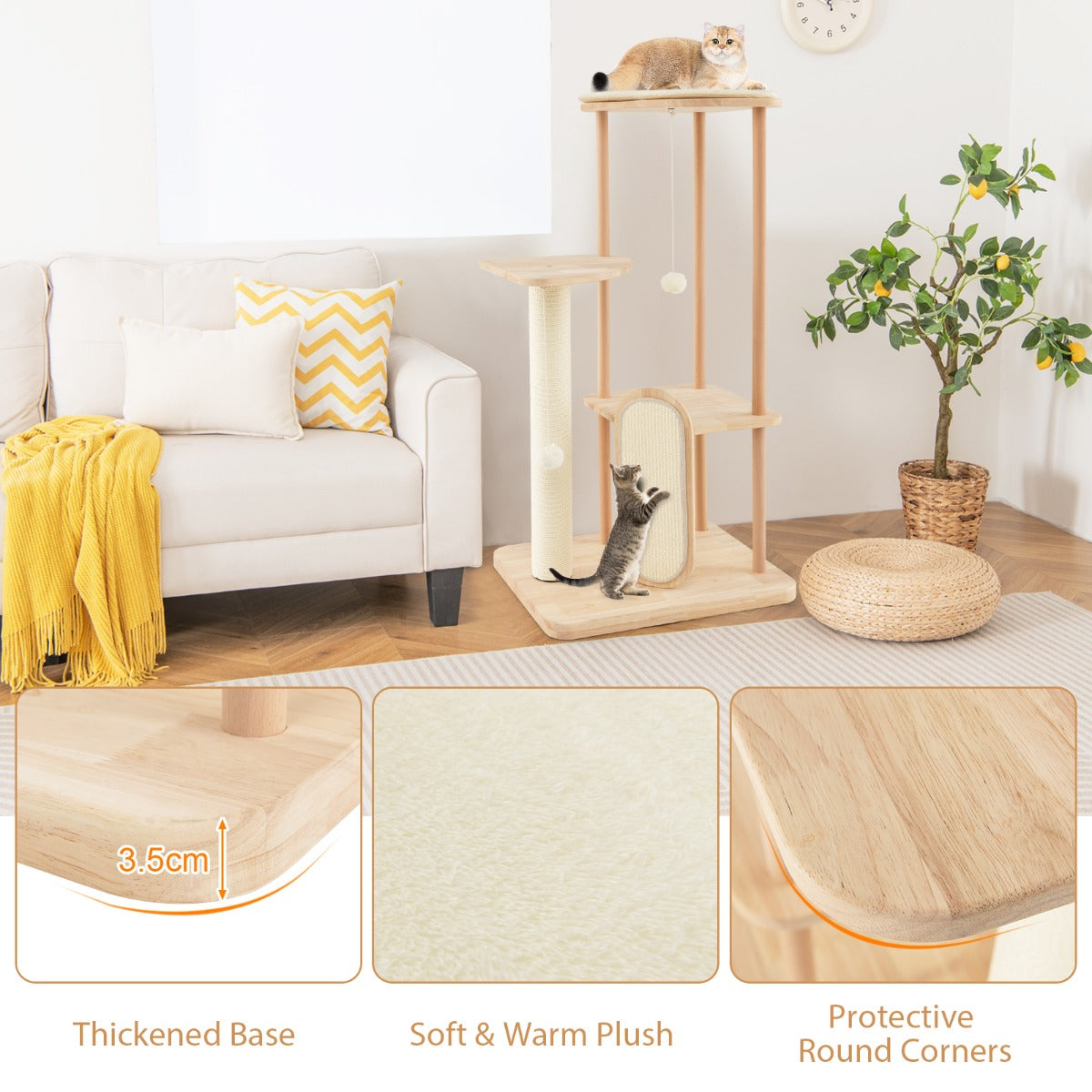 LIVSK Kattenboom met Meerdere Verdiepingen - Krabplank - Speelgoed - Duurzaam Hout - Voor Meerdere Katten - Beige