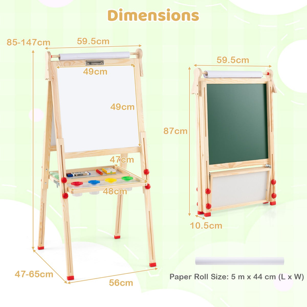 Livsk costway houten kunstschildersezel voor kinderen 3 in 1 opvouwbare dubbelzijdige magnetische schildersezel met whiteboard schoolbord en papierrol 1 1