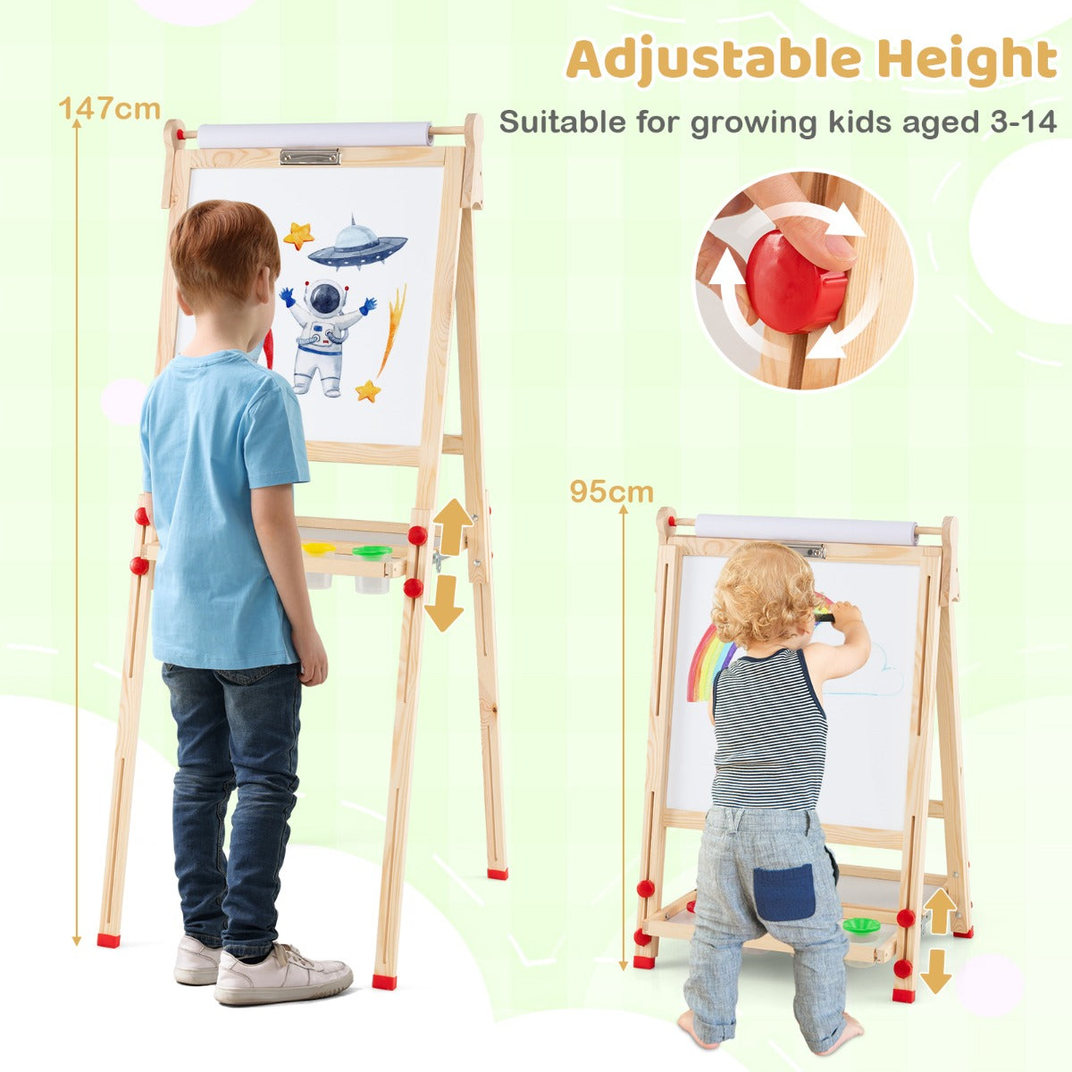 Livsk costway houten kunstschildersezel voor kinderen 3 in 1 opvouwbare dubbelzijdige magnetische schildersezel met whiteboard schoolbord en papierrol 2