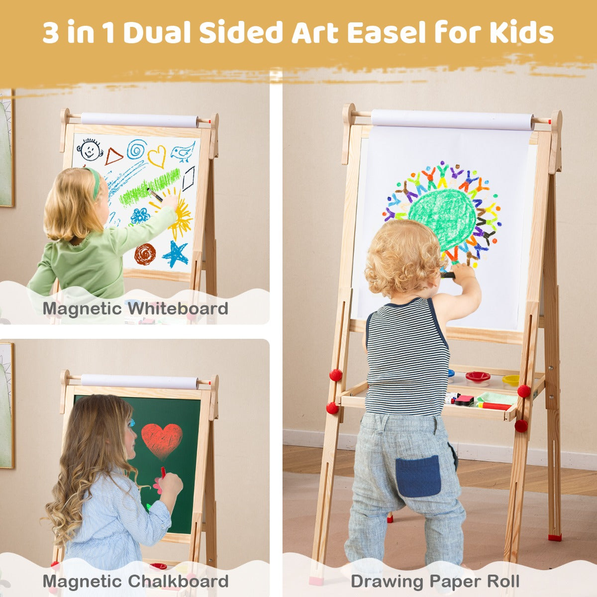 Livsk costway houten kunstschildersezel voor kinderen 3 in 1 opvouwbare dubbelzijdige magnetische schildersezel met whiteboard schoolbord en papierrol 5