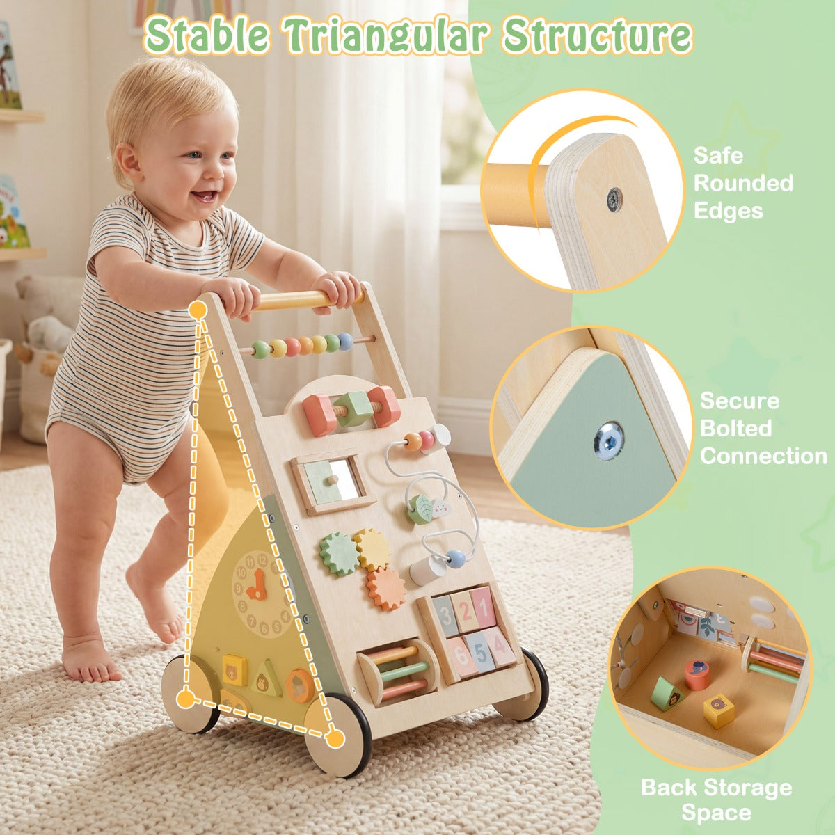 Livsk costway houten loopwagen voor babys kinderwagen met wielen en opbergmand montessori loopspelgoed en activiteitencentrum