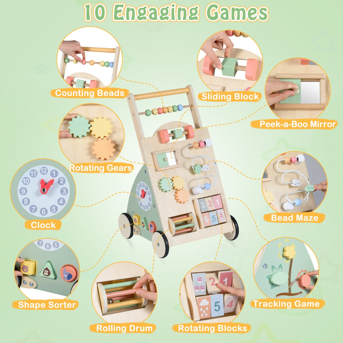Livsk costway houten loopwagen voor babys kinderwagen met wielen en opbergmand montessori loopspelgoed en activiteitencentrum