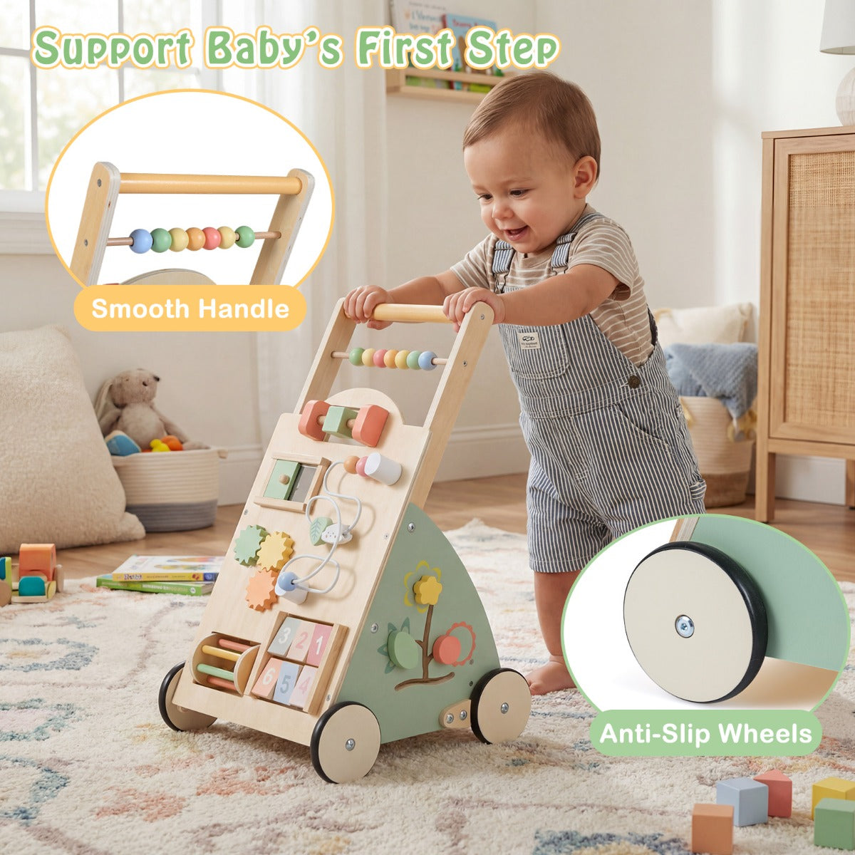 Livsk costway houten loopwagen voor babys kinderwagen met wielen en opbergmand montessori loopspelgoed en activiteitencentrum