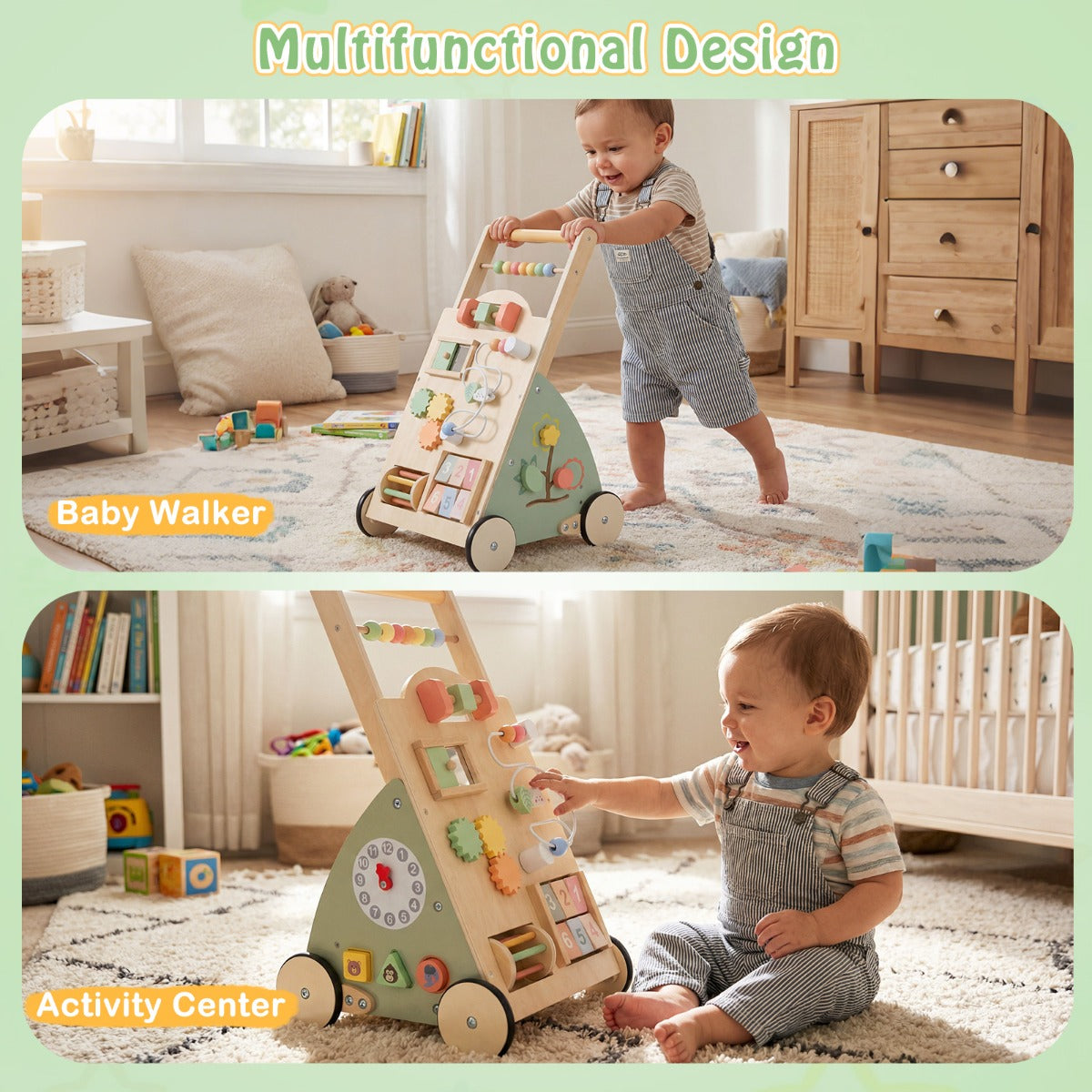 Livsk costway houten loopwagen voor babys kinderwagen met wielen en opbergmand montessori loopspelgoed en activiteitencentrum
