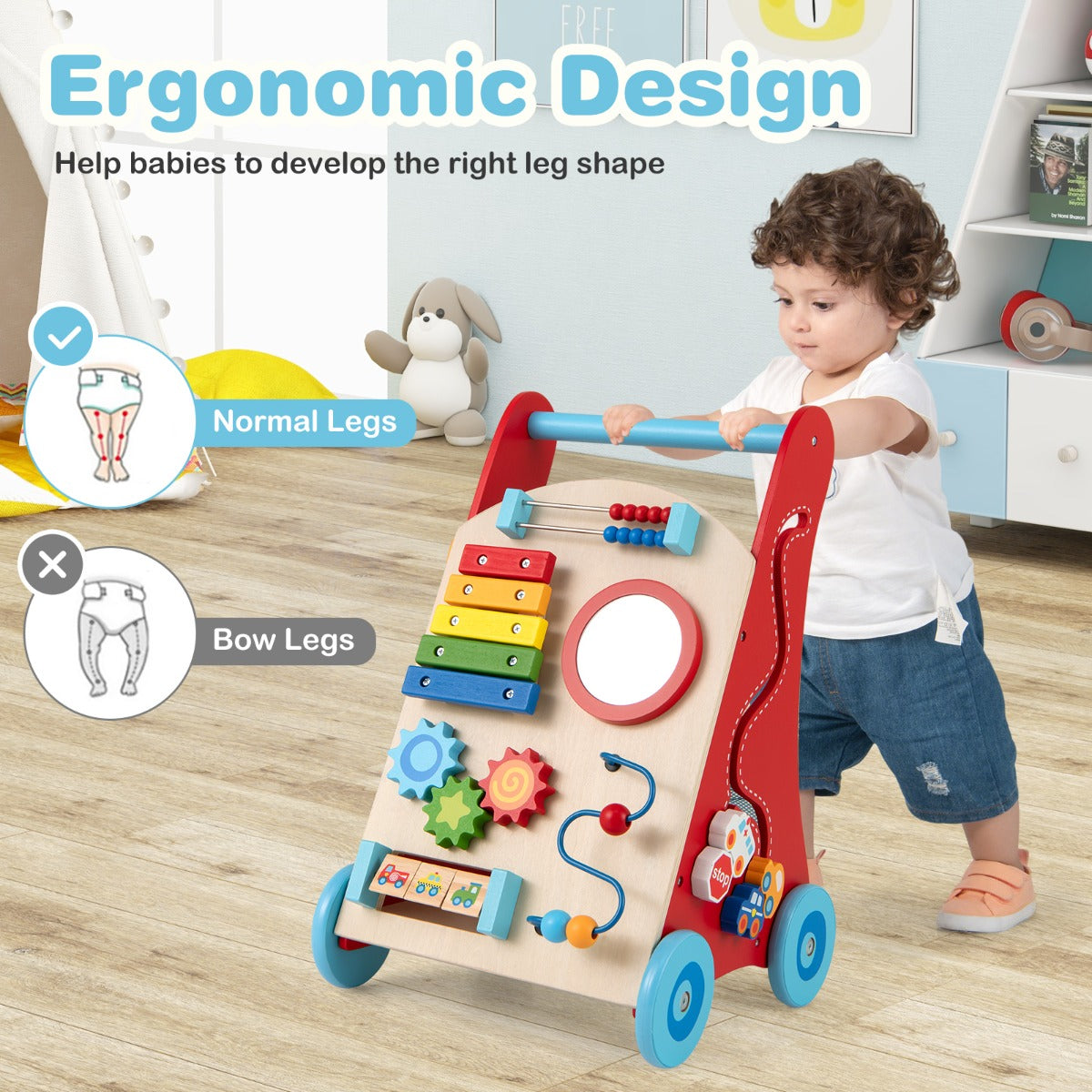 LIVSK Houten Babywalker - Veelzijdig Activiteitencentrum met Kralenspelletjes en Xylofoon - Geschikt voor Peuters 3+ - Veelkleurig