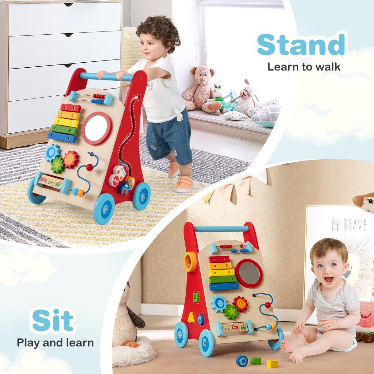 LIVSK Houten Babywalker - Veelzijdig Activiteitencentrum met Kralenspelletjes en Xylofoon - Geschikt voor Peuters 3+ - Veelkleurig