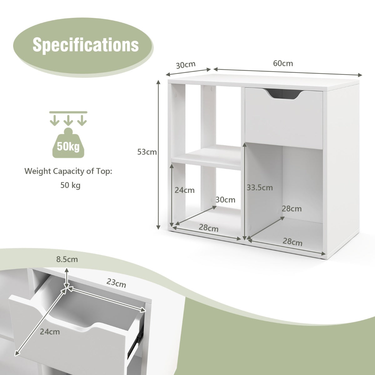 LIVSK Opbergkast - 3 Open Schappen en Uittrekbare Lade - Tot 95 kg Draagvermogen - Elegant Design - Wit