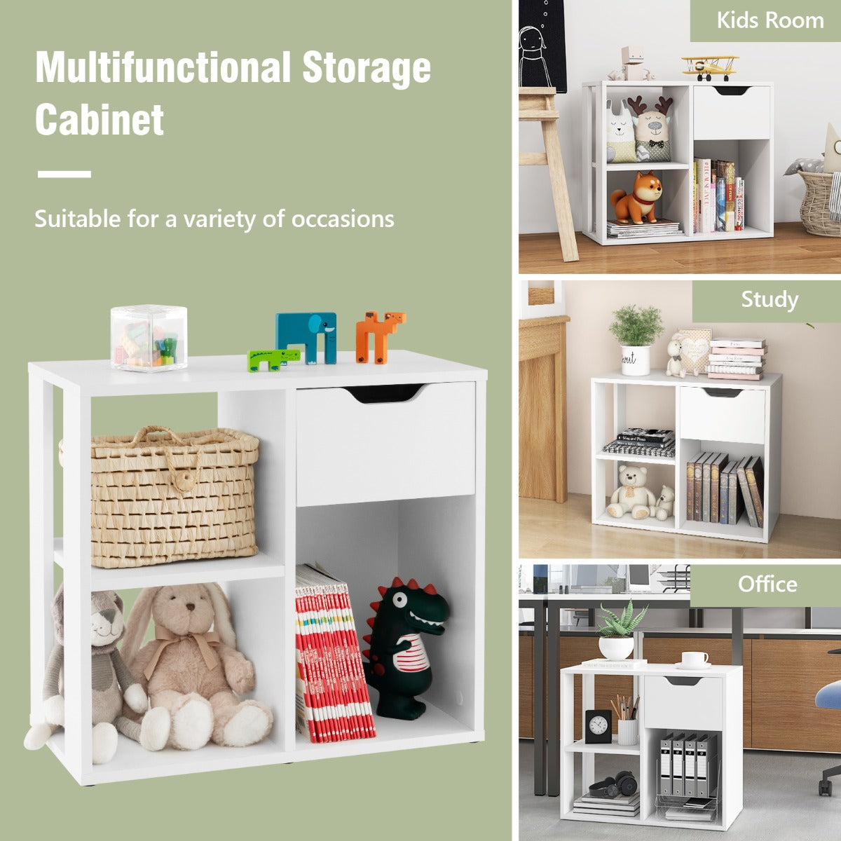 LIVSK Opbergkast - 3 Open Schappen en Uittrekbare Lade - Tot 95 kg Draagvermogen - Elegant Design - Wit