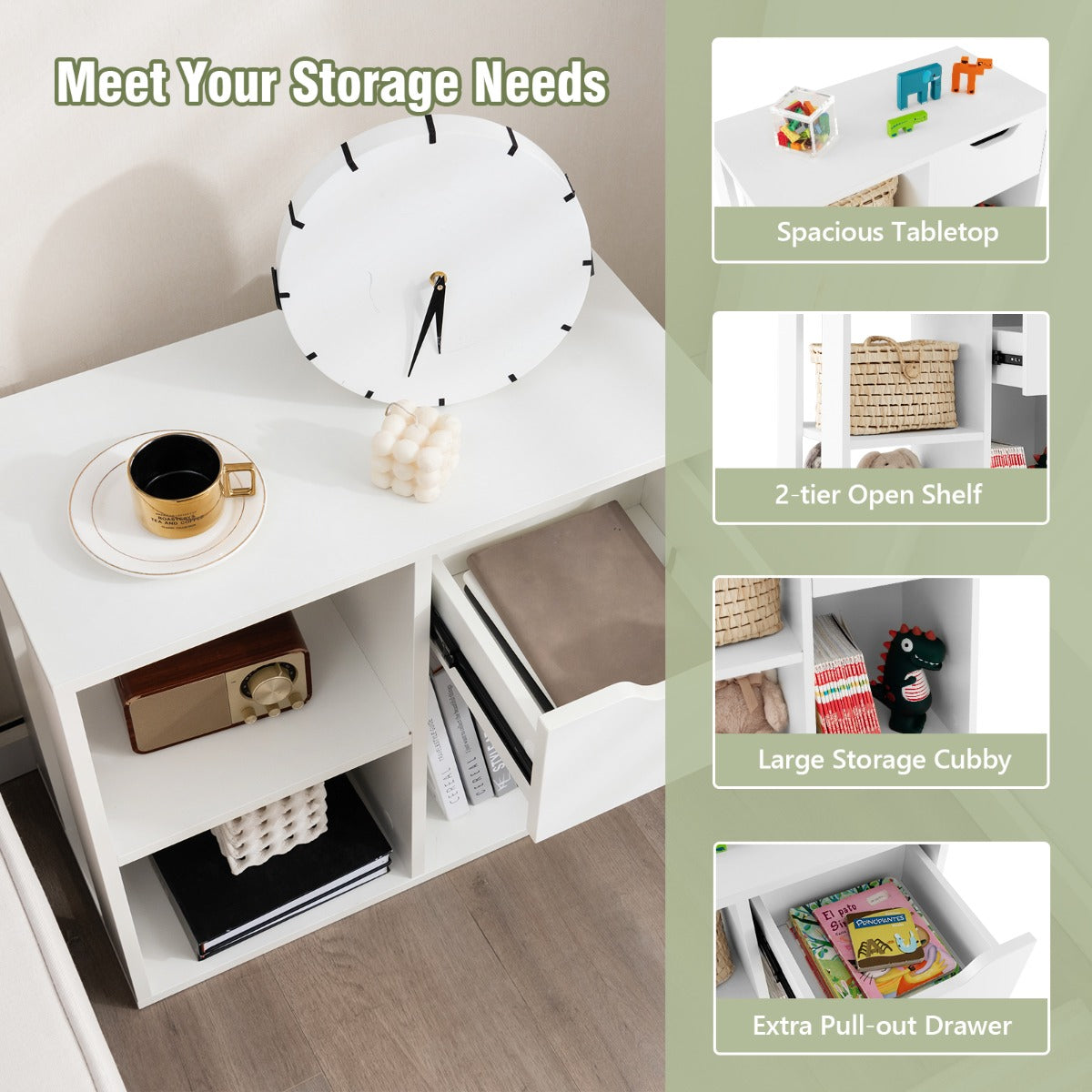 LIVSK Opbergkast - 3 Open Schappen en Uittrekbare Lade - Tot 95 kg Draagvermogen - Elegant Design - Wit
