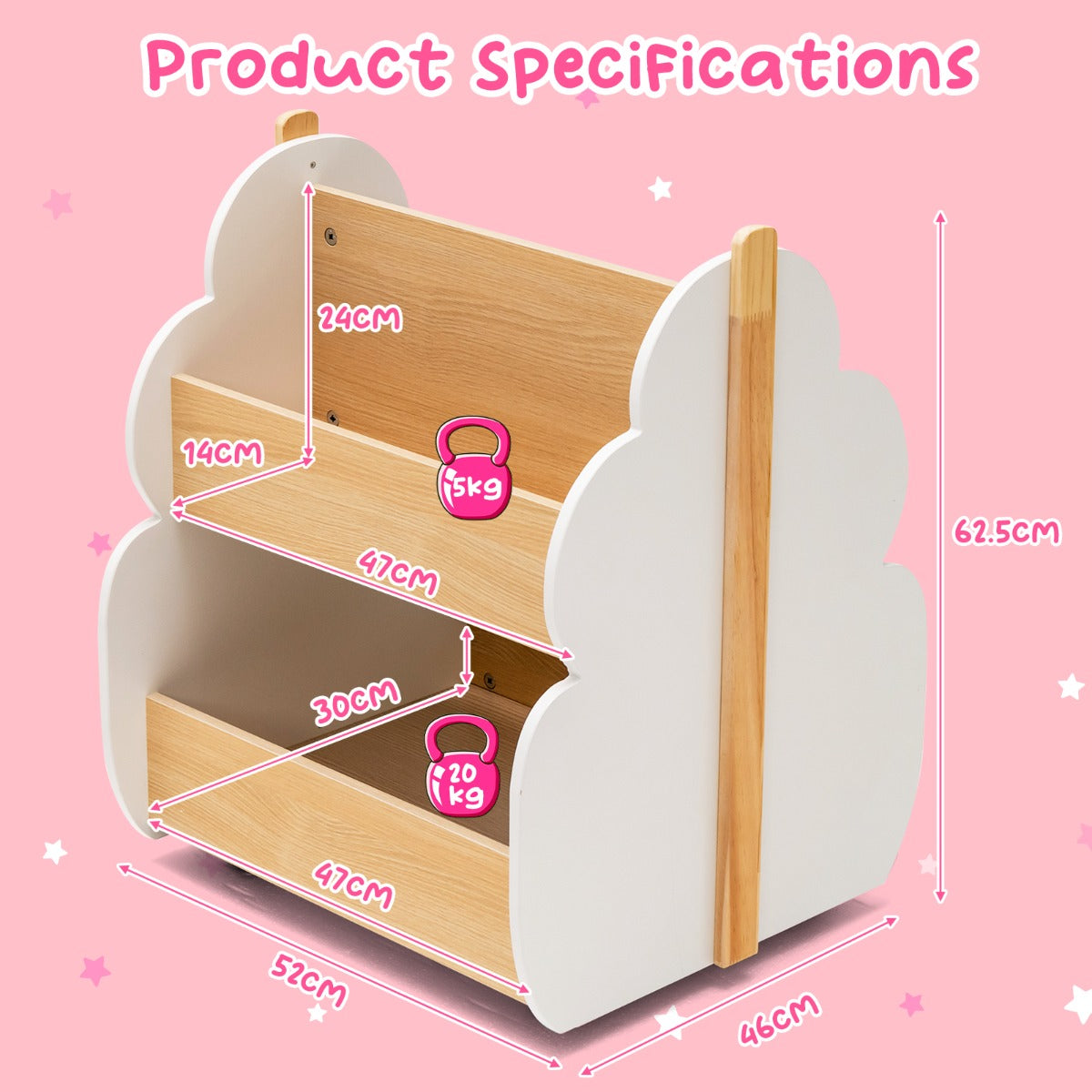 LIVSK Kinderboekenkast met Wielen - Duurzaam MDF - 3 Open Planken - Stimuleert Lezen - 52 x 46 x 62,5 cm - Natuurlijk + Wit