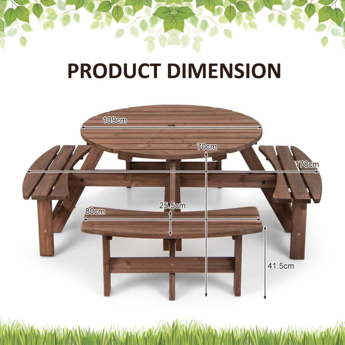 LIVSK Weerbestendige 8-Persoons Picknicktafel Set - Duurzaam Dennenhout - Ergonomische Zittingen - Parasolgat - Bruin
