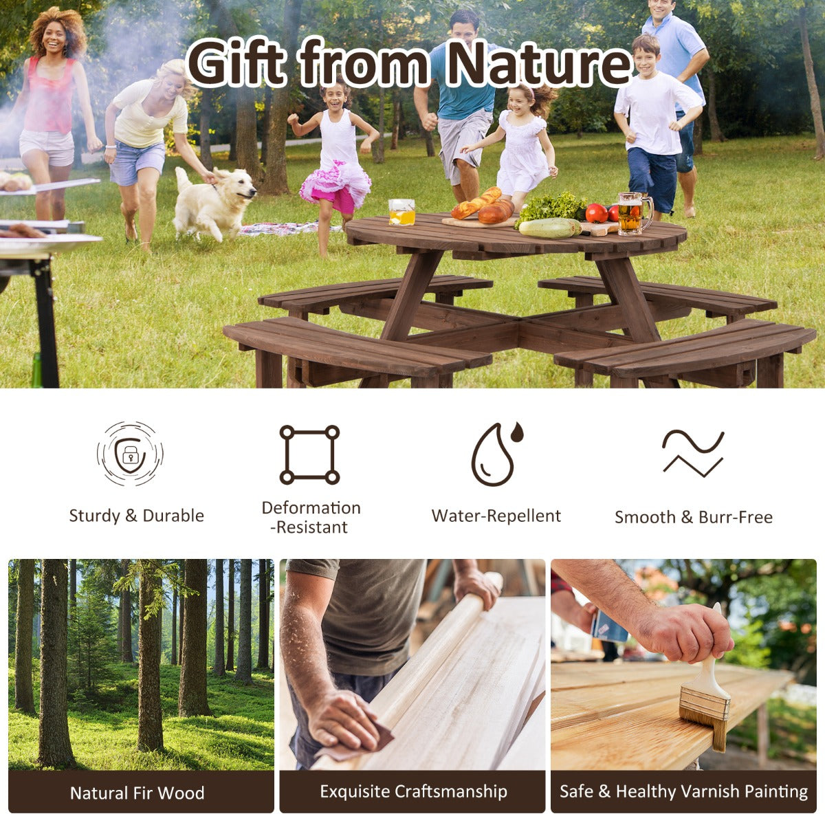 LIVSK Weerbestendige 8-Persoons Picknicktafel Set - Duurzaam Dennenhout - Ergonomische Zittingen - Parasolgat - Bruin