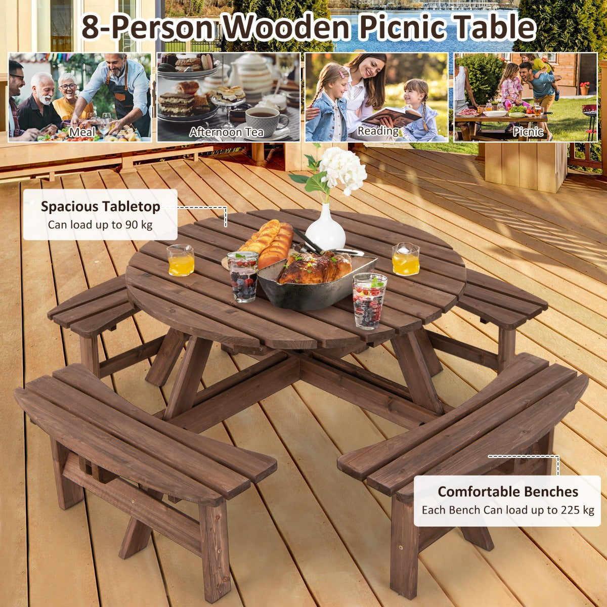 LIVSK Weerbestendige 8-Persoons Picknicktafel Set - Duurzaam Dennenhout - Ergonomische Zittingen - Parasolgat - Bruin