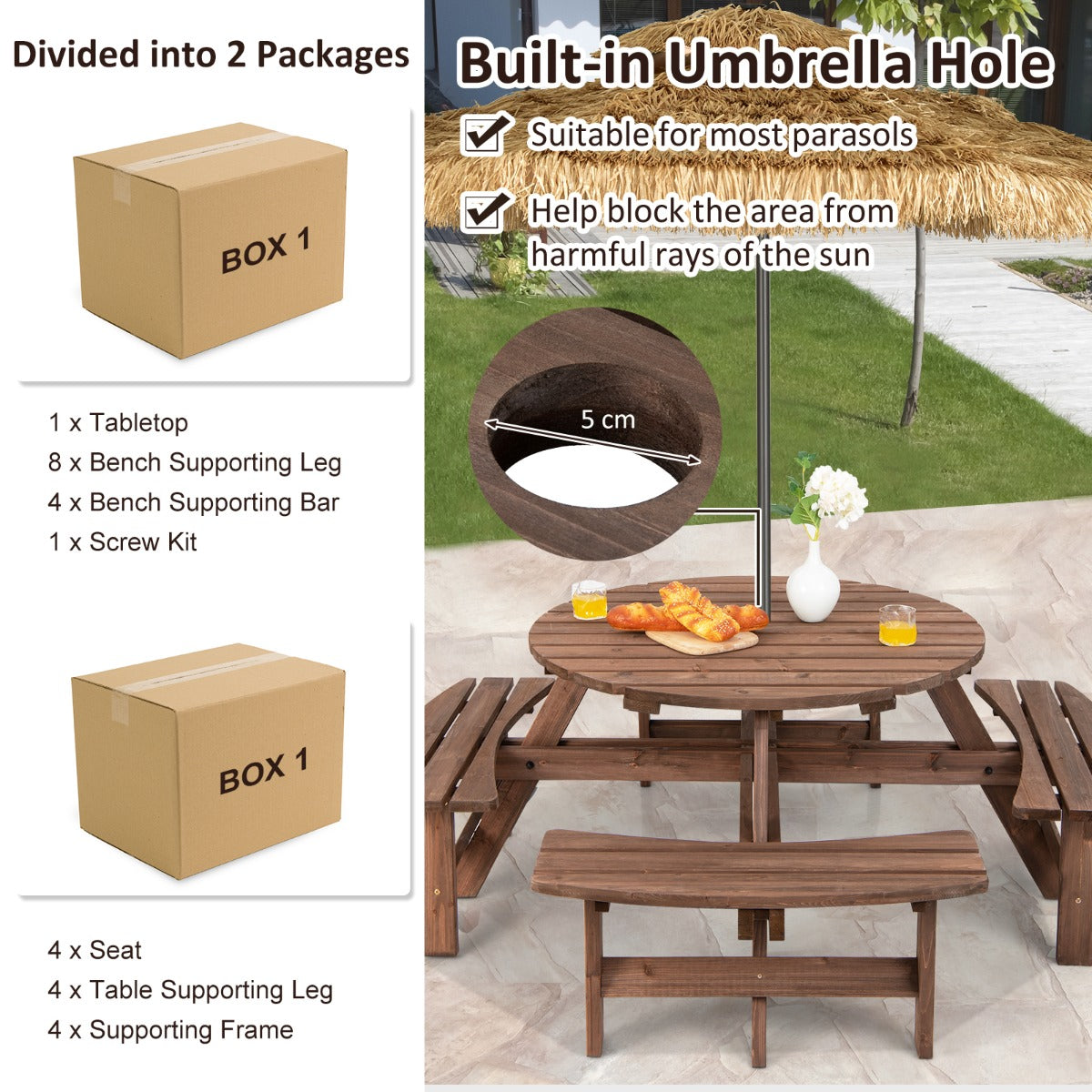 LIVSK Weerbestendige 8-Persoons Picknicktafel Set - Duurzaam Dennenhout - Ergonomische Zittingen - Parasolgat - Bruin