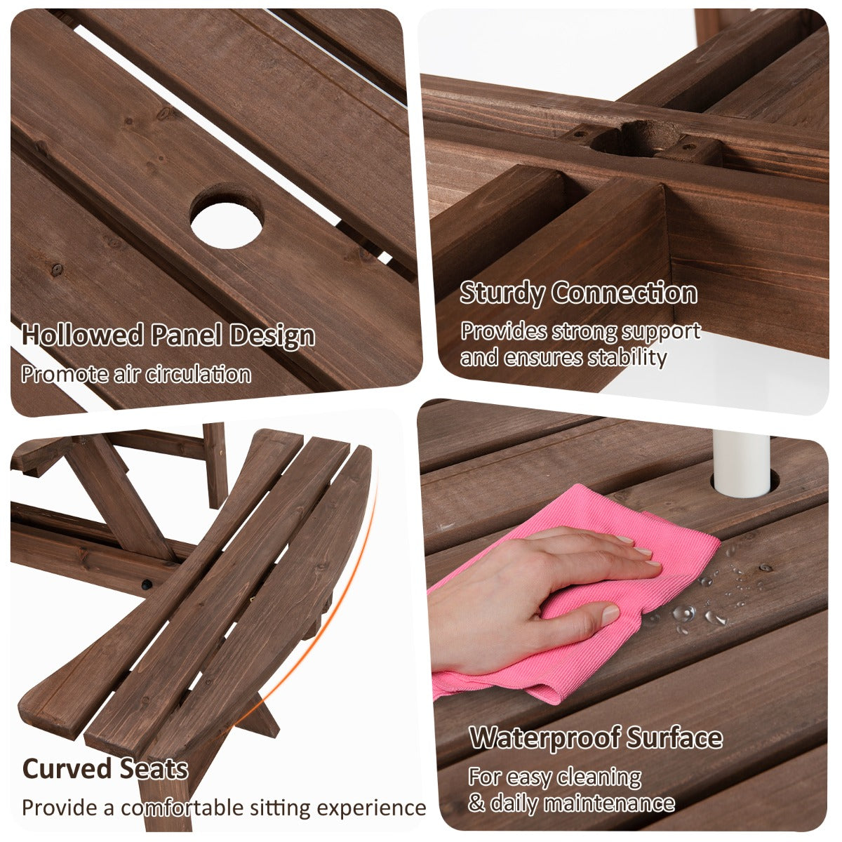 LIVSK Weerbestendige 8-Persoons Picknicktafel Set - Duurzaam Dennenhout - Ergonomische Zittingen - Parasolgat - Bruin