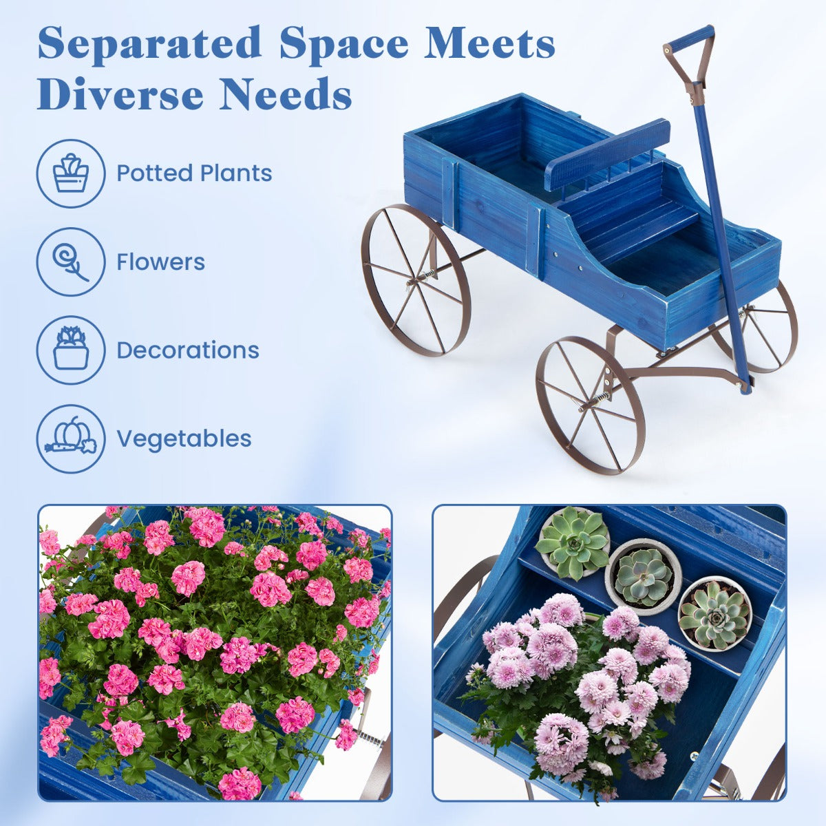 Livsk costway houten plantenbak decoratieve bloembak met wielen en 2 secties buitenplantenbak voor tuin en terras blauw 2