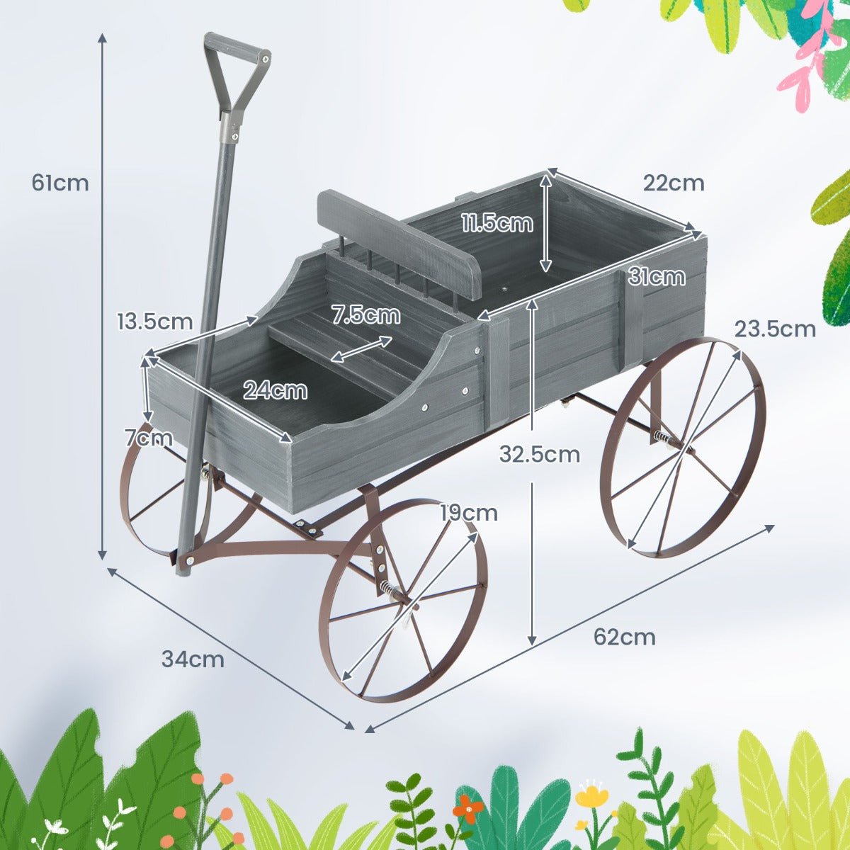 LIVSK Decoratieve Plantenwagen - Stevig Dennenhout - 2 Compartimenten - Wielen voor Gemakkelijk Verplaatsen - Grijs