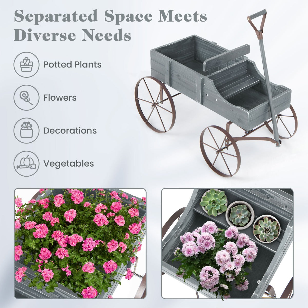 LIVSK Decoratieve Plantenwagen - Stevig Dennenhout - 2 Compartimenten - Wielen voor Gemakkelijk Verplaatsen - Grijs